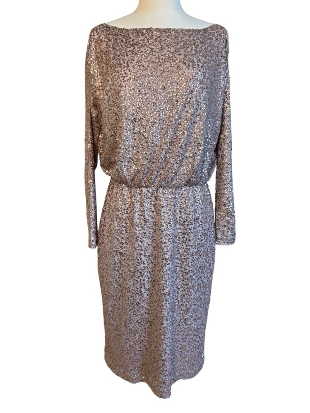 St. John Rose Gold Sequin Metallic Long Sleeve Midi Silk Dress Womens size 4 - Picture 5 of 16